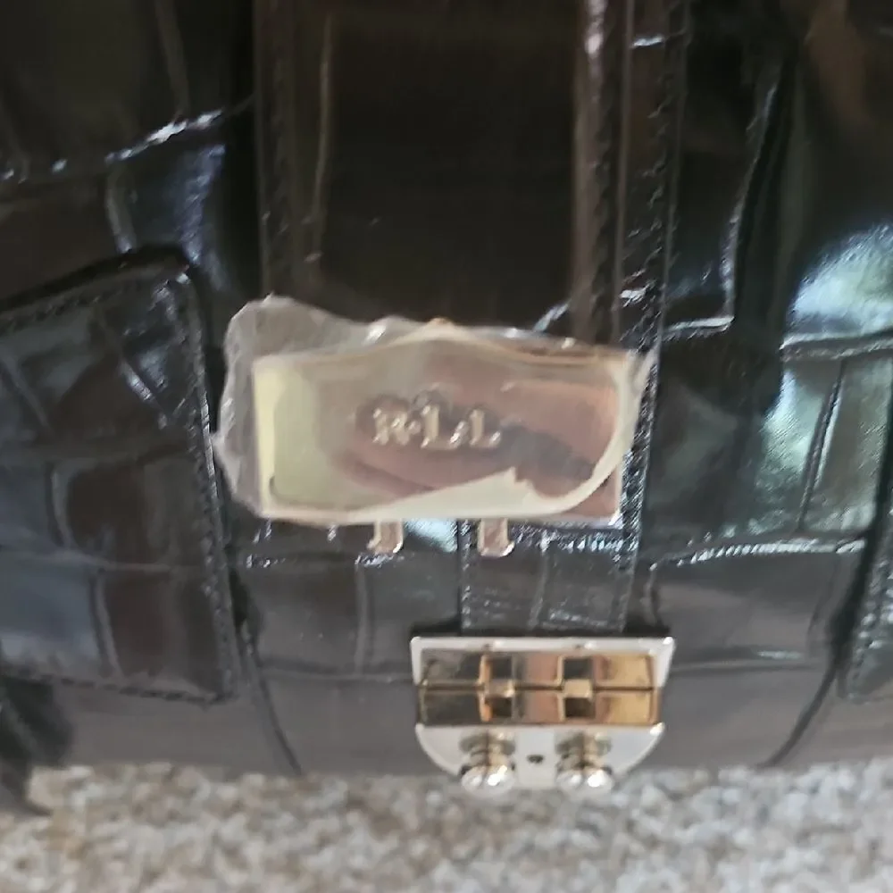 Lauren Ralph Lauren Black Croc-Embossed Leather Shoulder Bag - Picture 8 of 14